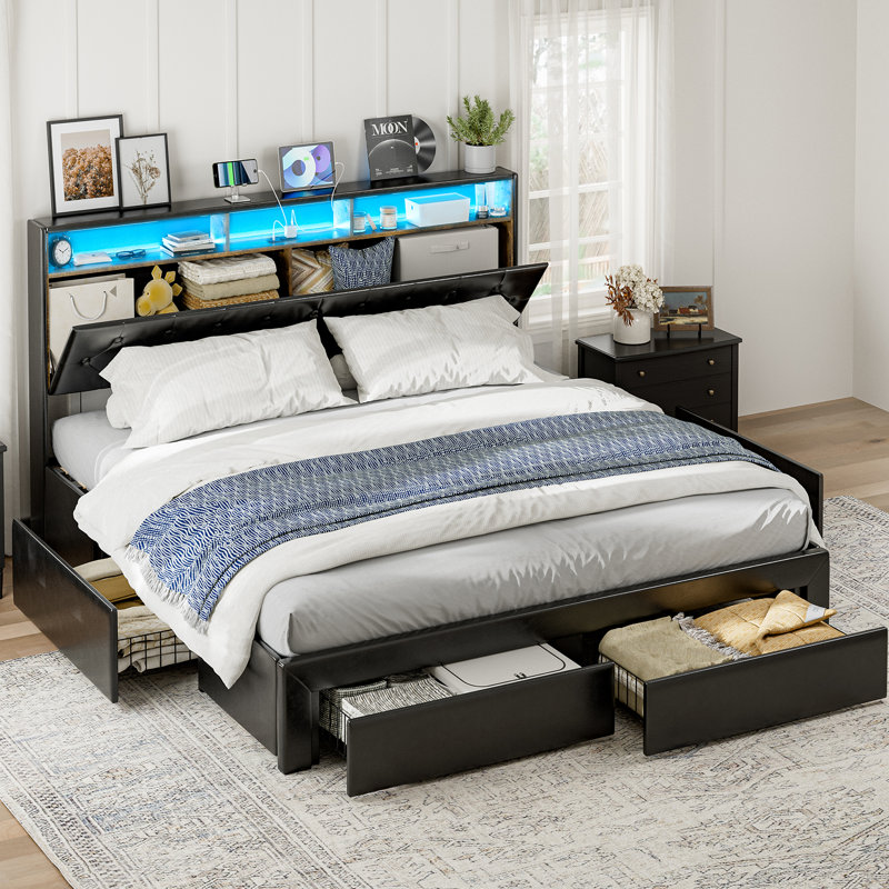 California King Size Bed Frame With 4 Storage Drawers, Upholstered Platform Bed With Led Lights, Hidden Storage Headboard, Charging Station, No Box Spring Needed, Solid Wood Slats, Noise Free, Black