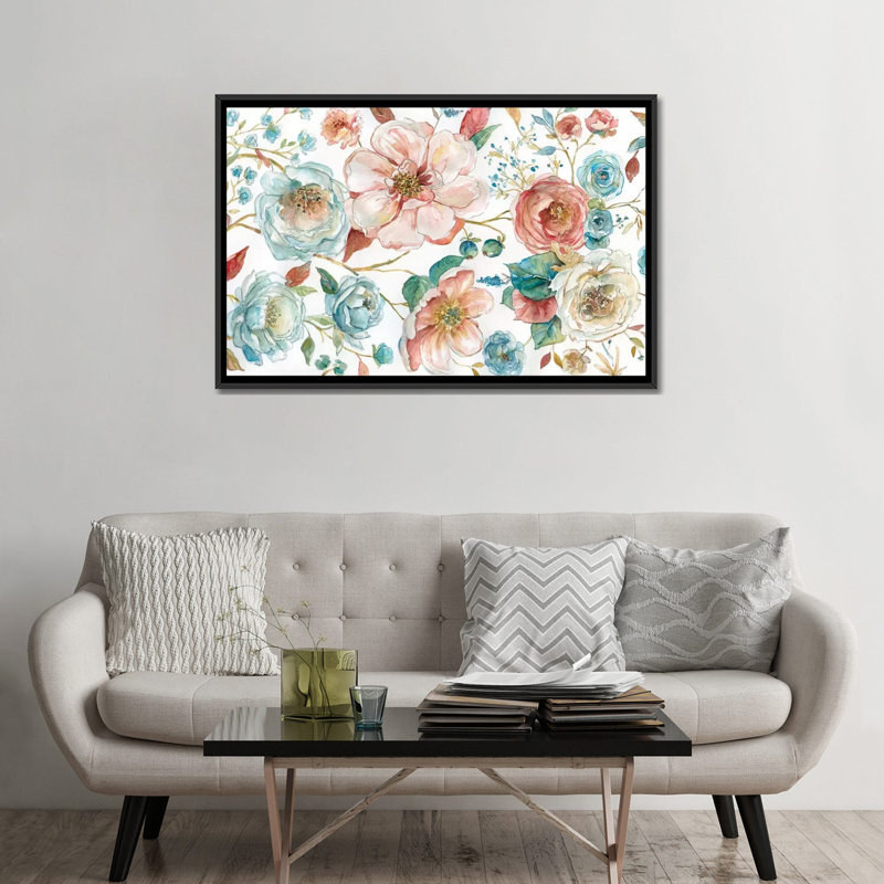 «Rose Garden» par Carol Robinson, reproduction sur toile tendue, H 18 po x l 26 po x P 1,5 po, Toile encadrée noire