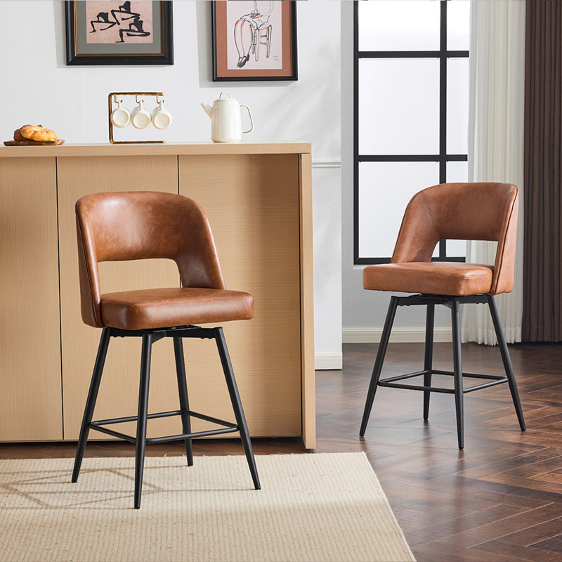 Set Of 2 Modern Leather Bar Stools With Curved Back And Metal Frame For Kitchen Island Bar Dining Area In Brown, Brown