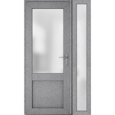 Front Exterior Prehung FiberGlass Door Frosted Glass / Manux 8422 Grey Ash / Side Exterior Window / Office Commercial and Residential Doors Entrance Patio Garage-W36+16" x H80"-Left-hand Inswing