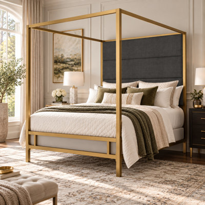 Casillas 76.5" Tall Modern Upholstered Canopy Bed with Metal 4-Poster Frame, Linen Headboard and Under-Bed Storage, Box Spring Required