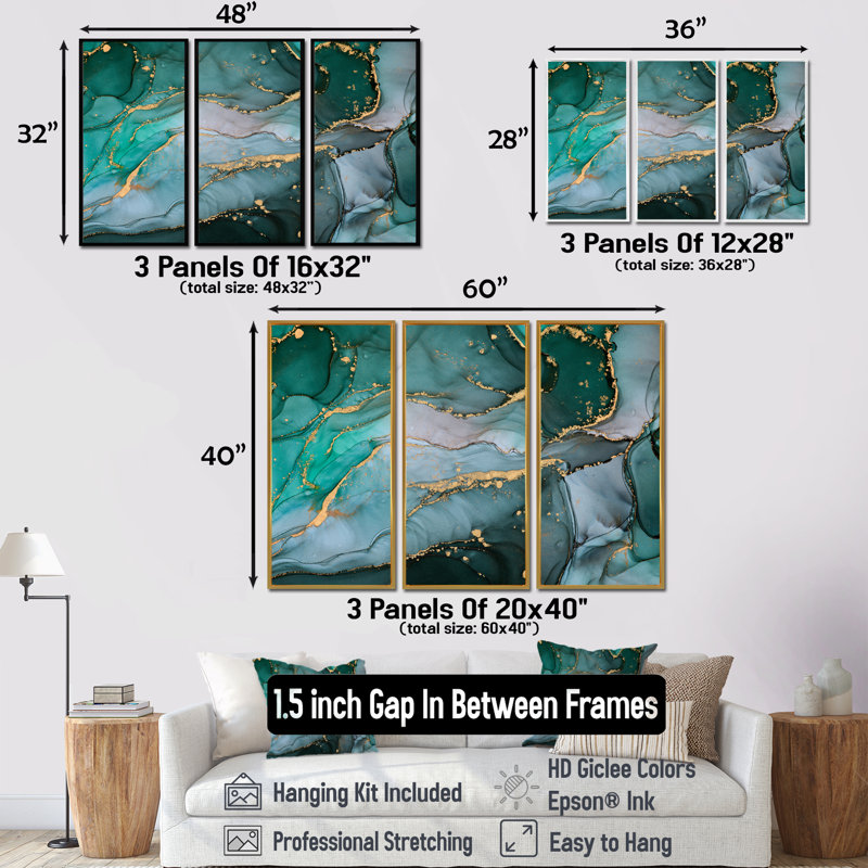 Turquoise et gris, art abstrait fluide de luxe II - cadre flottant de 3 pièces, impression sur toile, H 28 po x l 36 po