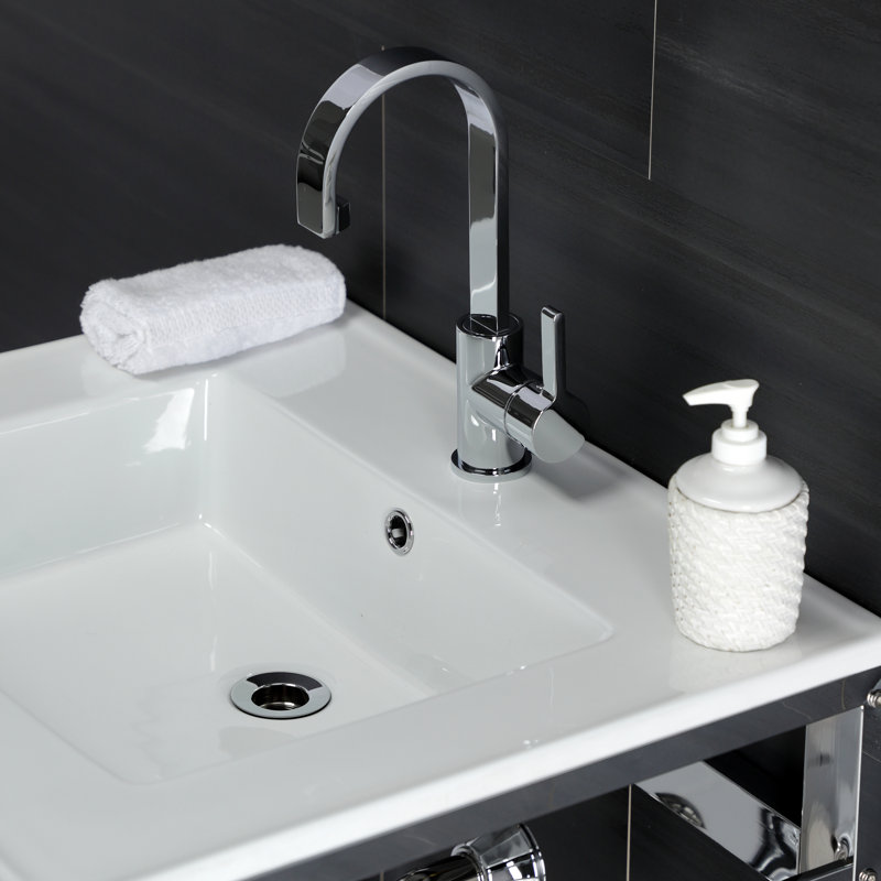 Kingston Brass Quadras 25-Inch Ceramic Console Sink with Stainless Steel Base and Shelf, White/Chrome, Single