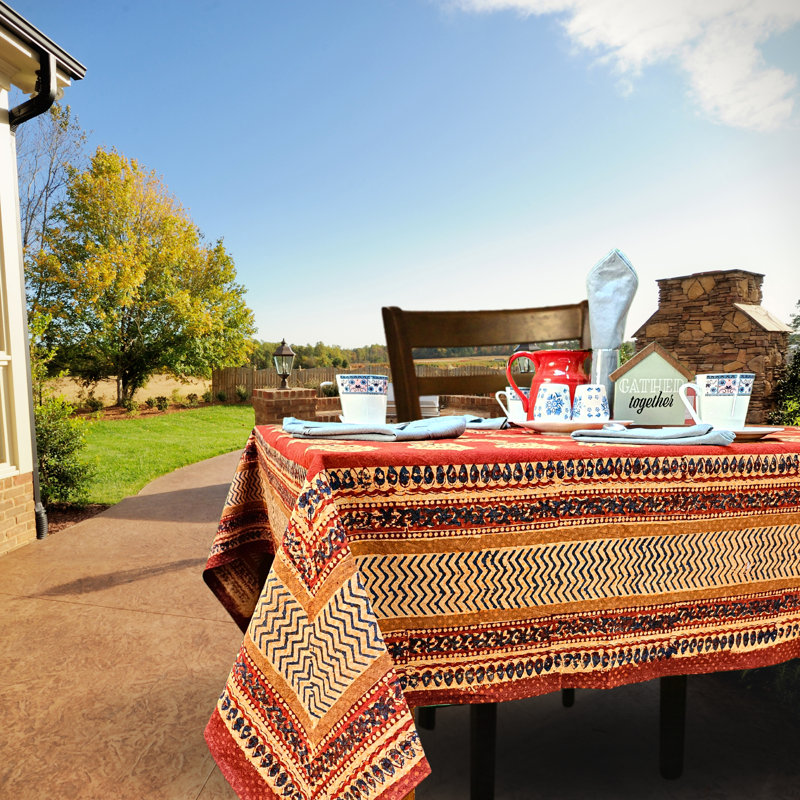 Cotton Block Print Geometric Tablecloth, 90" x 60"