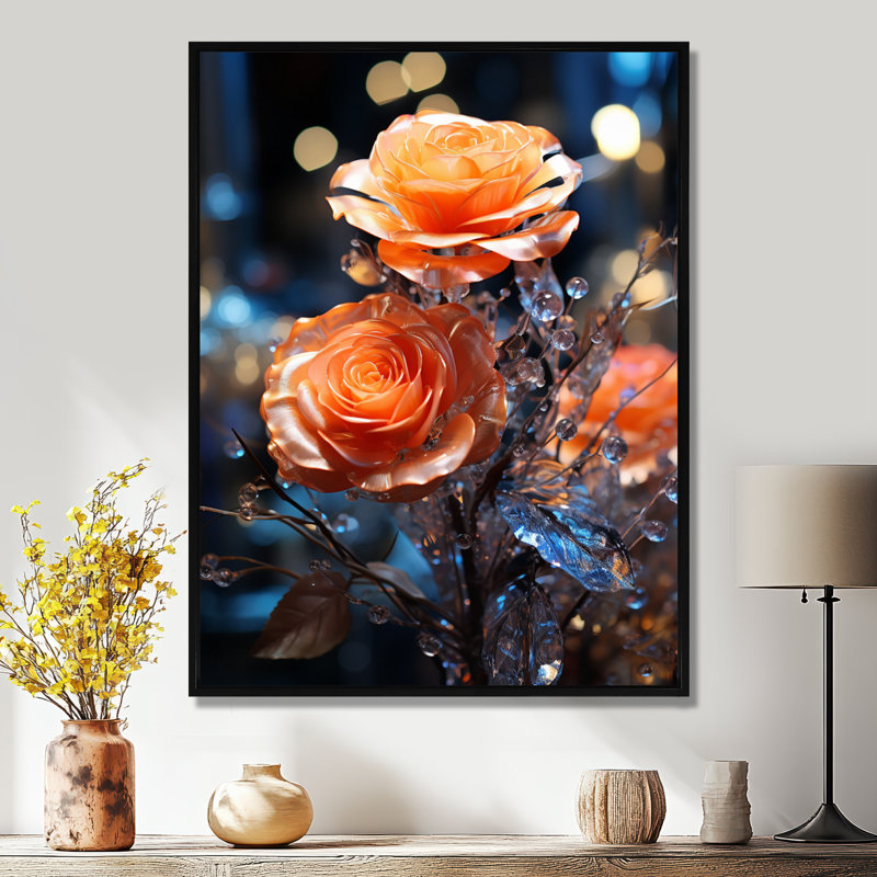 «Vibrant Orange Rose Morning Forest - Roses», reproduction d'art murale, Toile avec cadre flottant noir