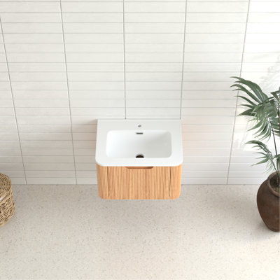 Meuble-lavabo flottant mural 24 po, lavabo en céramique blanche, finition noyer naturel, pré-assemblé, tiroir à fermeture en douceur, rangement moderne