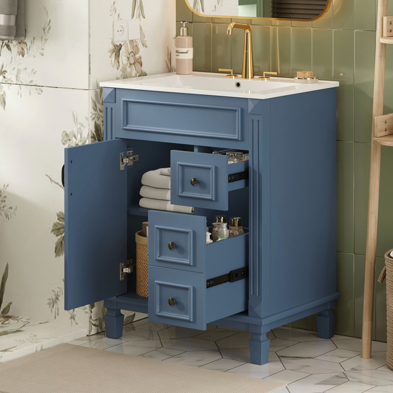 Meuble-lavabo 24 po avec lavabo en céramique, petite armoire de salle de bain, armoire moderne avec 2 tiroirs et tablette réglable