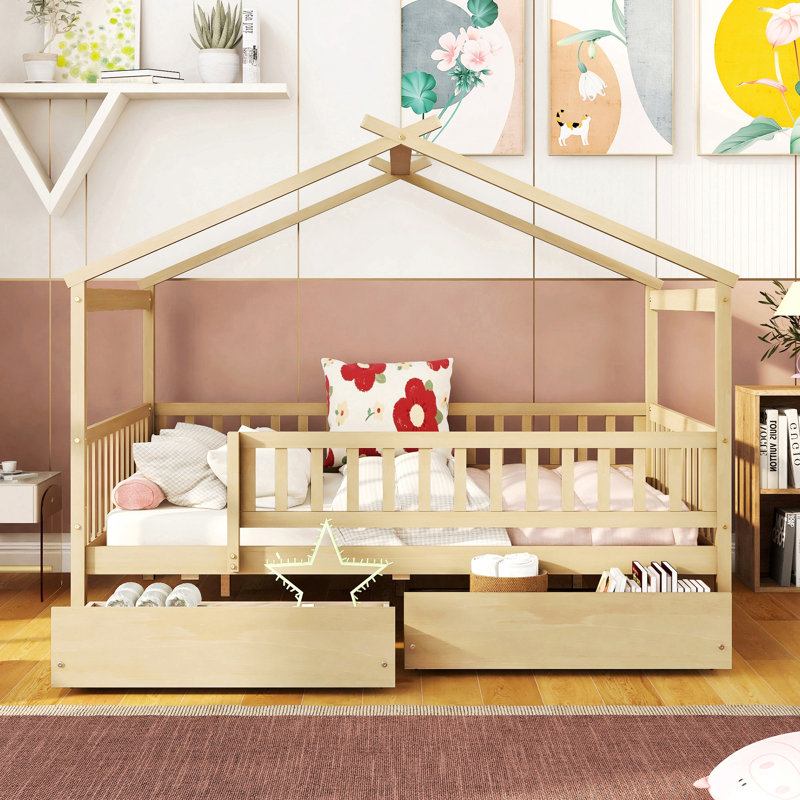 Lit en bois avec deux tiroirs, Brun