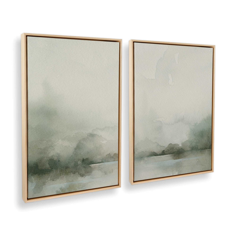Ensemble de 2 impressions sur toile Mute Green Tranquility dans un cadre érable, 18 po x 12 po, H 18 po x l 24 po x P 1,25 po