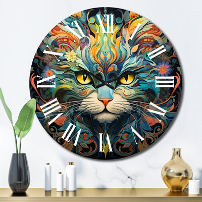 Cosmic Teal Cat With Mysterious Gaze Wall Clock