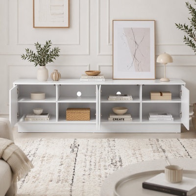 4-Door Wave Design Cabinet TV Stand with Adjustable Shelves & LED Accent