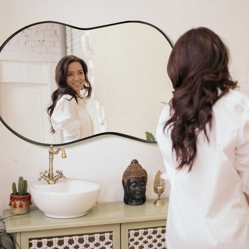 Irregular Metal Framed Wall Mirror, Asymmetrical Mirrors, 116 cm H x 66 cm W, Black