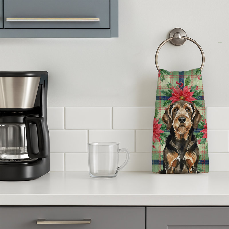 Black and Tan Otterhound Christmas PoinsettIas Kitchen Towel, Black/Tan Otterhound