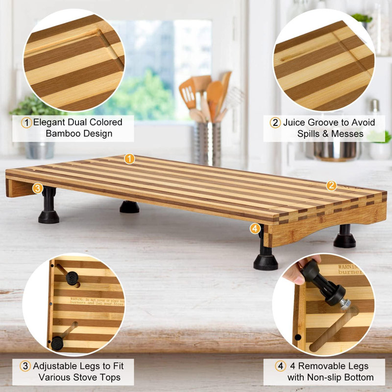 Bamboo Stovetop Cover,Countertop Cutting Board With Adjustable Legs, Dual-Purpose Chopping Board For Electric Stove Burner