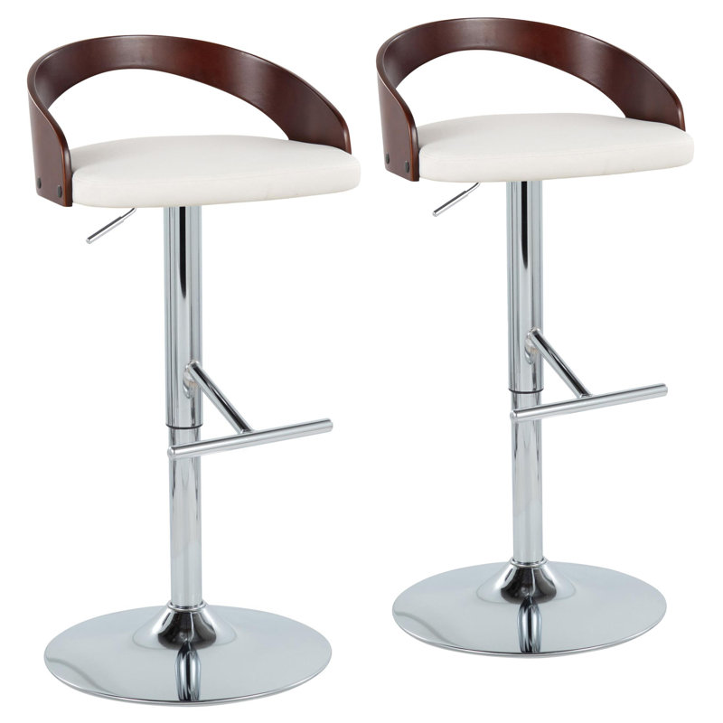 Laurenzio Adjustable Bar Stool with Straight T Footrest, White, Chrome/Mahogany
