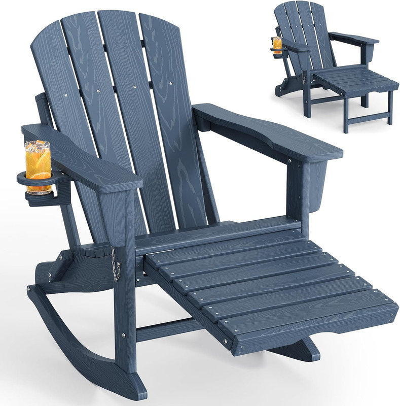 Chaise berçante pliante avec repose-pieds rétractable Adirondack - PEHD texturé bois, porte-gobelet pour patio, Bleu