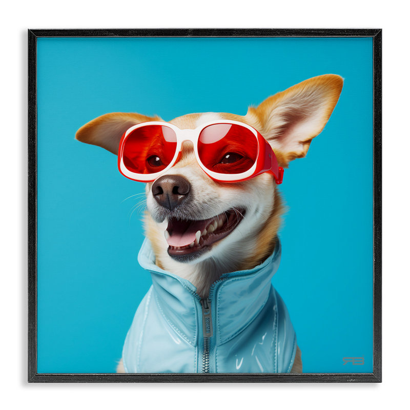 «Stylish Dog on Blue», estampe numérique par Roozbeh Bahramali, Giclée encadrée noir minuit, H 12 po x l 12 po