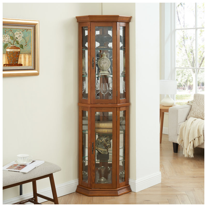 Vitrine de coin lumineuse avec porte en verre trempé - Vitrine en verre de chêne avec tablettes réglables pour objets de collection