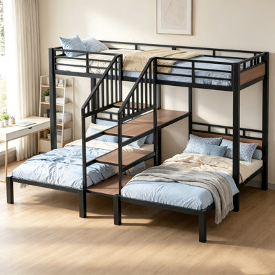 Lit superposé triple en métal avec étagères et escalier de rangement, noir, pour chambre ou dortoir