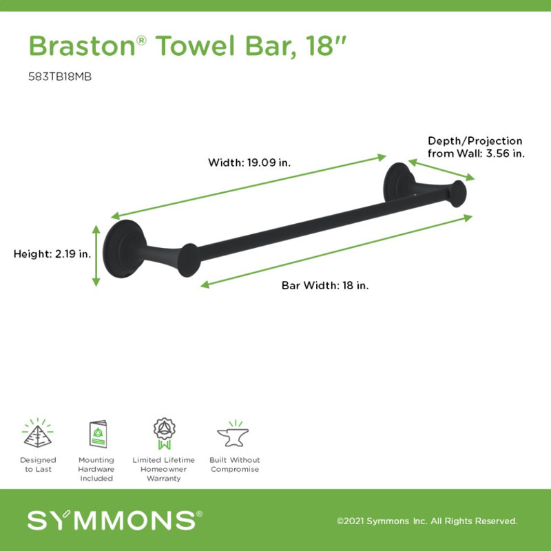Barre à serviettes murale avec quincaillerie de fixation Braston, 18 cm, Noir mat