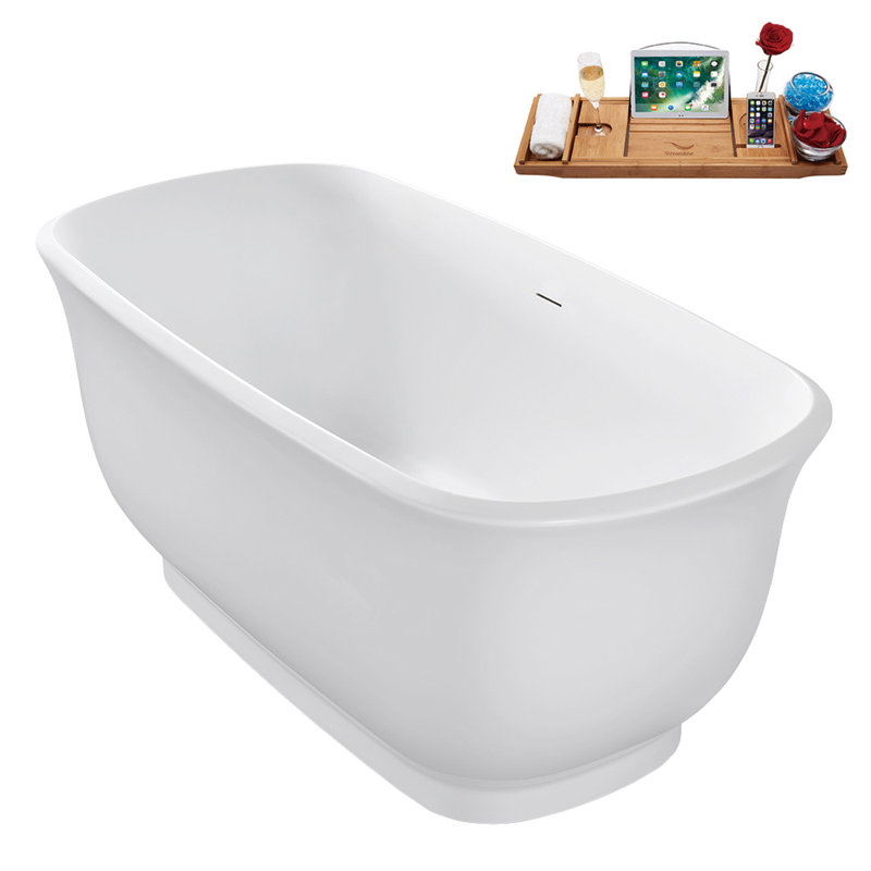 59" Streamline Soaking Glossy White Freestanding Tub and Tray With Internal Drain, Matte Black