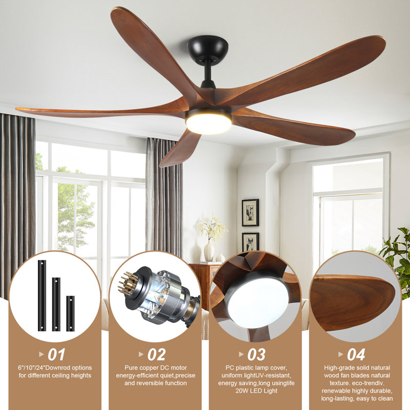 62 Inch Solid Wood Ceiling Fan With LED Light & Remote Control, Indoor/Outdoor 5-Blade Quiet DC Motor For Patio Bedroom Living Room