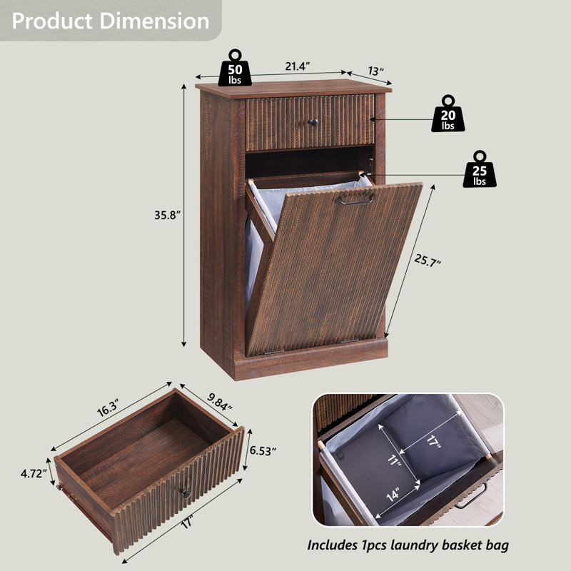  Modern Tilt Out Laundry Hamper Cabinet,10 Gallon Fluted Wooden Garbage Can Cabinet with Drawers  (Includes 1pc laundry basket)