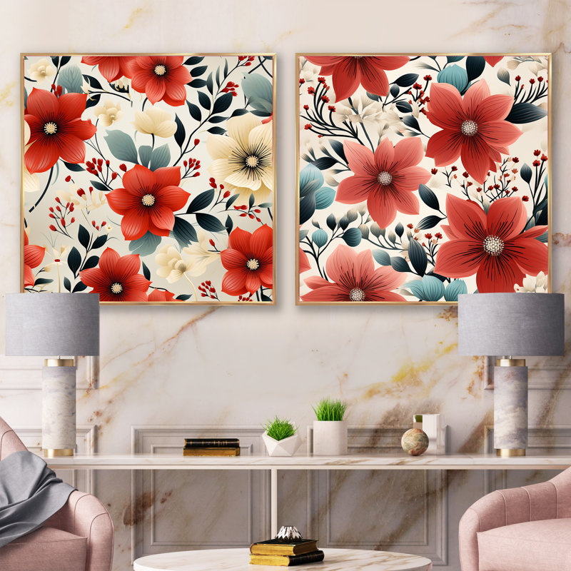 Bainbridge - Ensemble de 2 collages carrés floraux, H 16 po x l 33 po, Cadre flottant doré