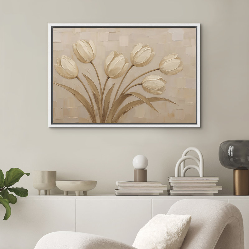 «Beige Tulips», impression botanique sur toile encadrée, H 16 po x l 24 po, Blanc