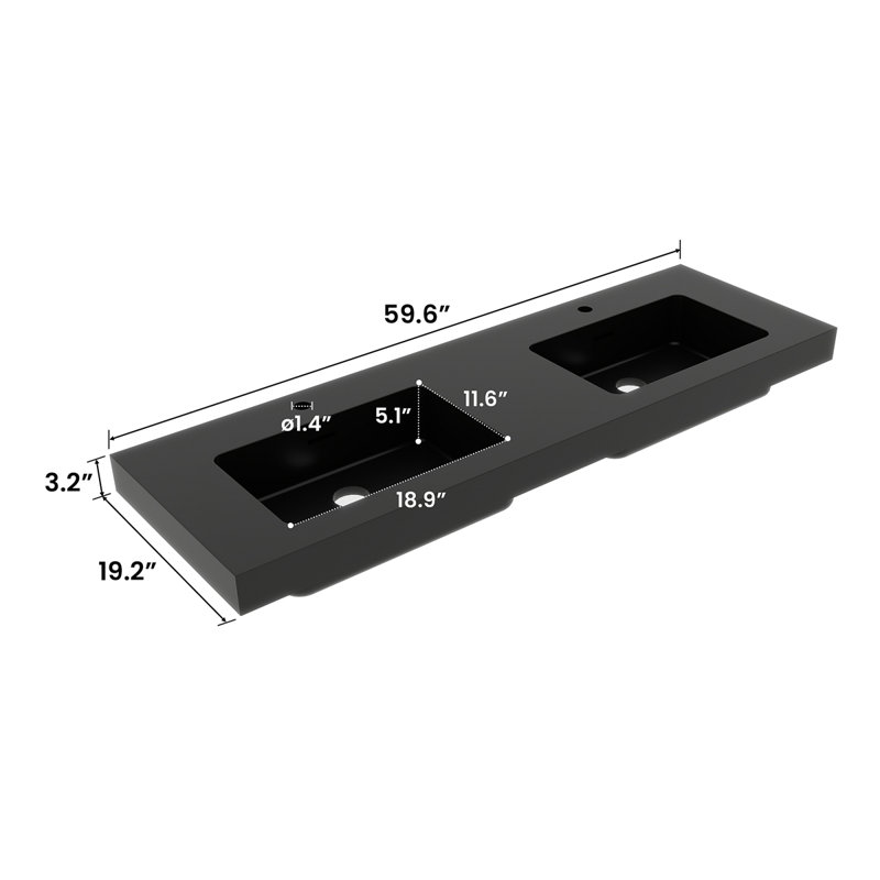 BB02-60-109, deux lavabos intégrés en quartz d'ingénierie SANS drain et robinet, couleur noir mat, Noir mat