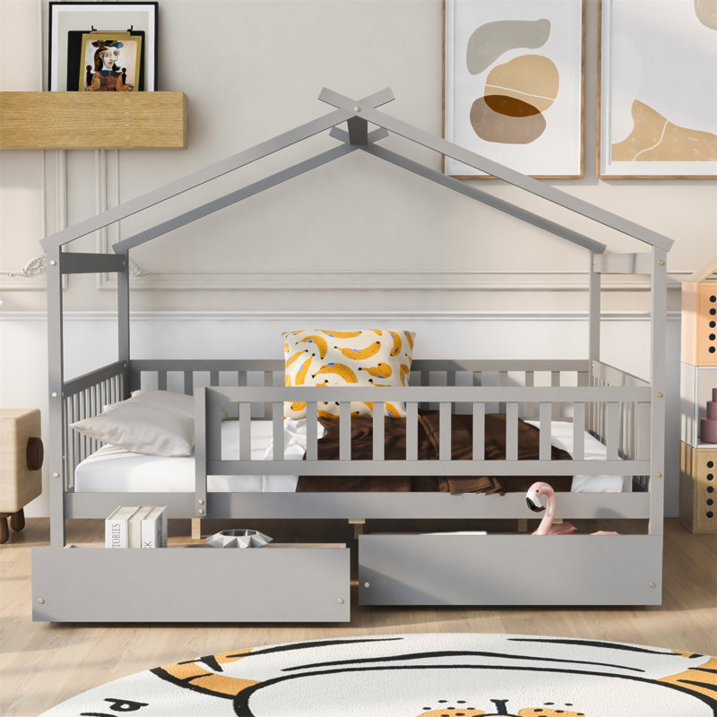 Lit double en bois avec deux tiroirs, Grey