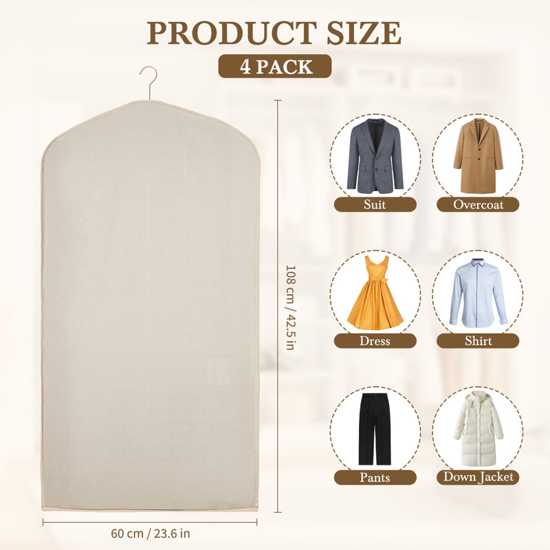 Paquet de 4 housses en coton pour housses de vêtements respirantes pour le rangement des placards, 42,5 po x 23,6 po, beige