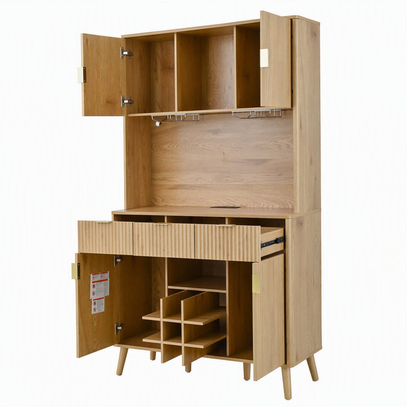 Meuble-bar de cuisine haut multifonctionnel avec prise électrique et éclairage DEL, rangement pour bouteilles de vin avec casier à neuf compartiments.