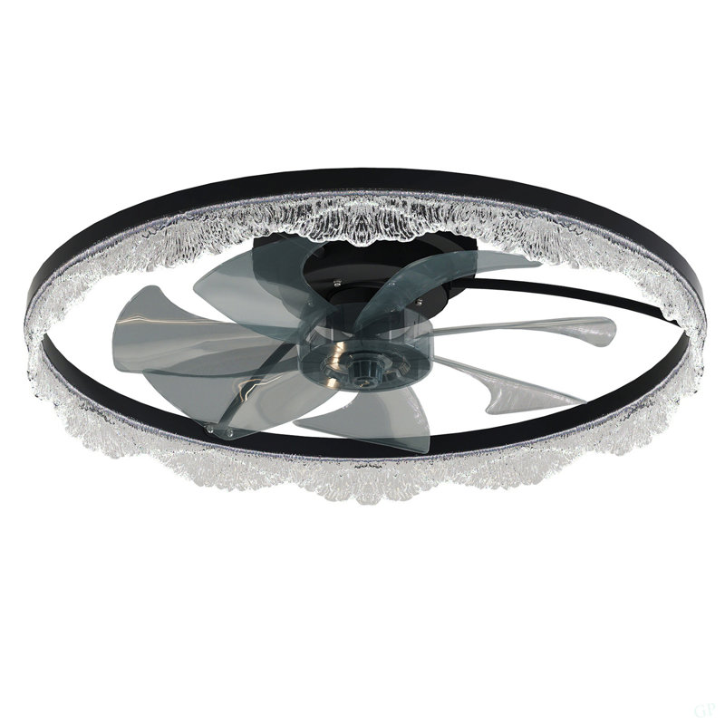 24" Decorative LED Ceiling Fan Light – Modern Flush Mount With Acrylic Ring, Hidden Blades, Remote Control, And Dimmable Light For Stylish Homes (Black)