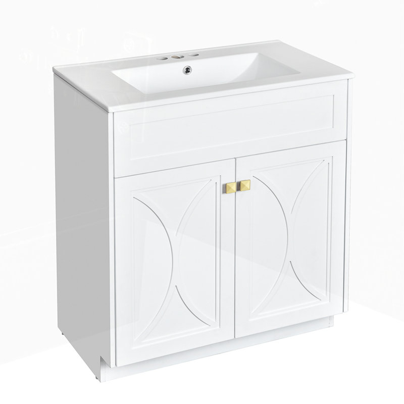 Meuble-lavabo autoportant avec poignées en céramique, Blanc