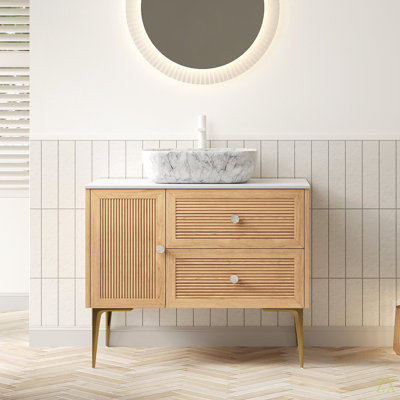 Meuble-lavabo de salle de bain 36 po MUNIN, meuble de rangement autoportant en contreplaqué avec pieds, 1 porte et 2 tiroirs, comptoir en pierre frittée Carrara et lavabo rectangulaire en céramique à motif marbré, pré-assemblé