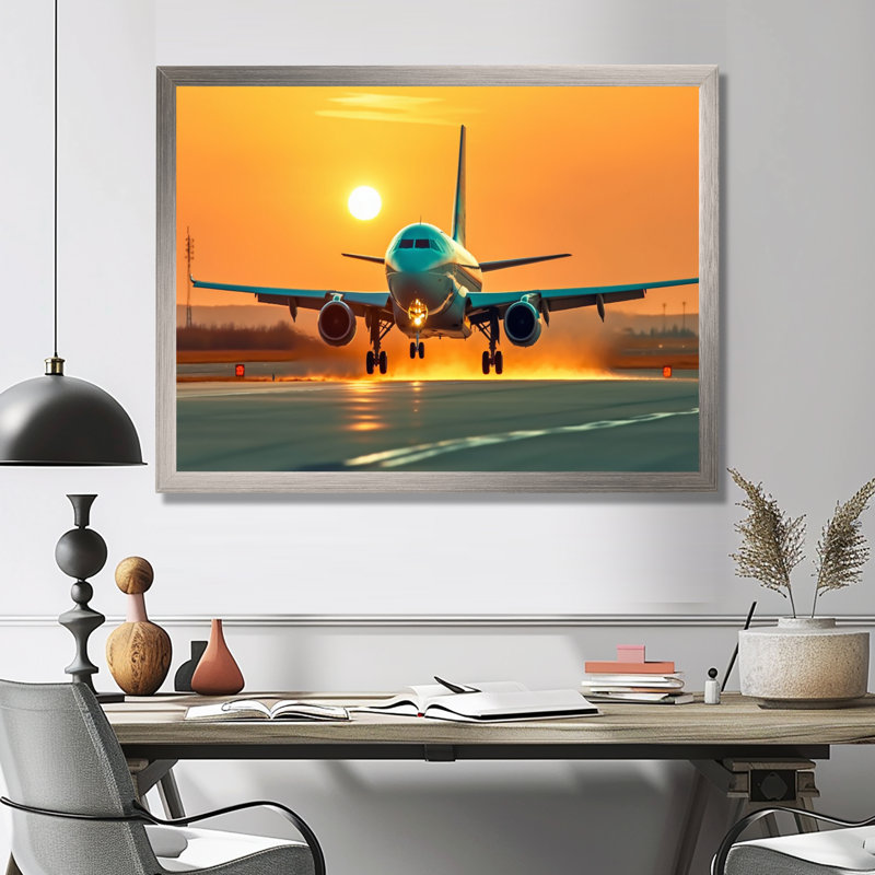 Coucher de soleil sur le tarmac I - reproduction sur toile, H 30 po x l 40 po x P 1,5 po, Cadre simple argenté