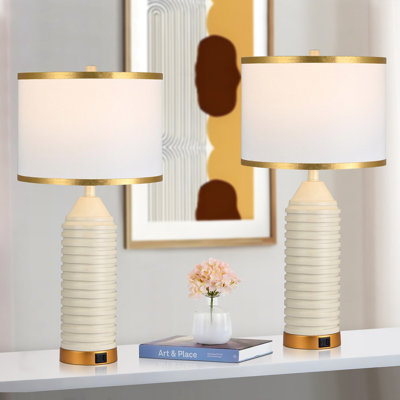 Jahsun 27‘’ Modern White/ Gold USB Table Lamps with LED Bulbs (Set of 2)
