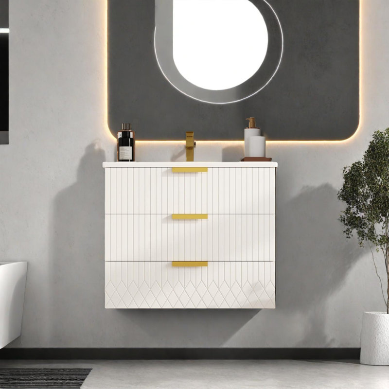Armoire murale flottante avec double tiroir et lavabo en céramique, Blanc