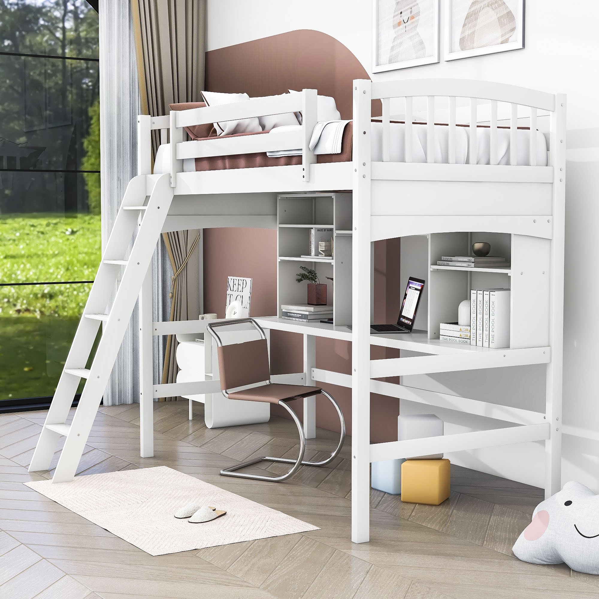 Harriet Bee Hak Kids Twin Size Wooden Loft Bed with Desk and Shelves ...