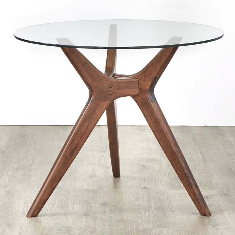 Orey Round Glass Top Solid Wood Base Dining Table