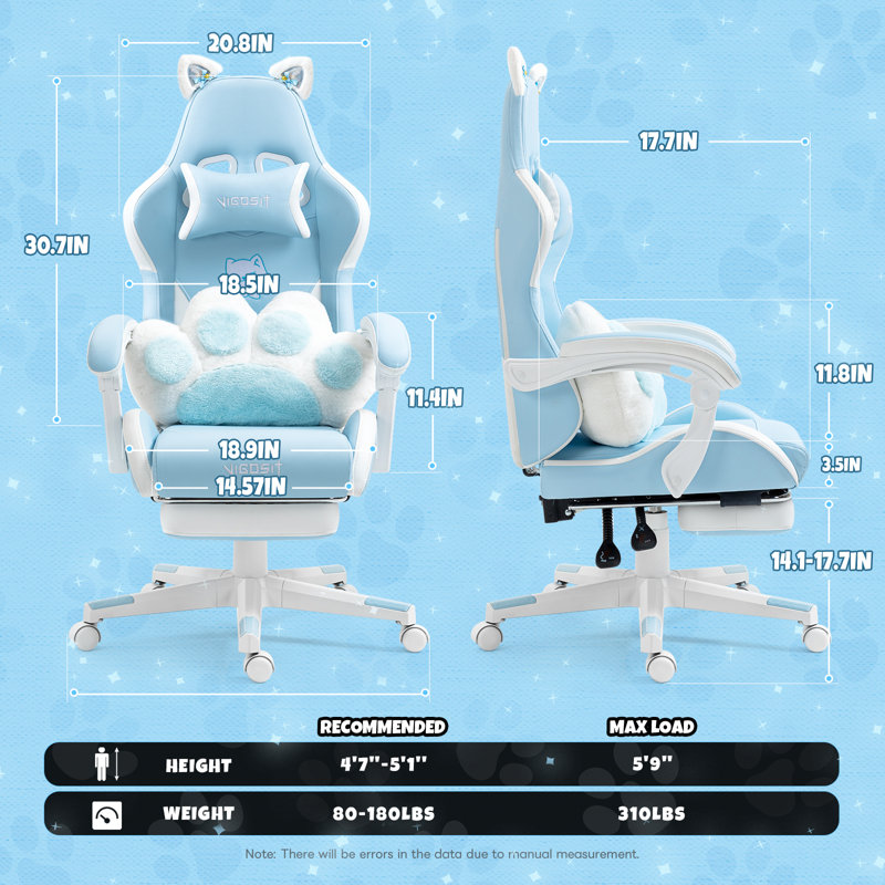 Fauteuil de jeu ergonomique en similicuir bleu, Blue