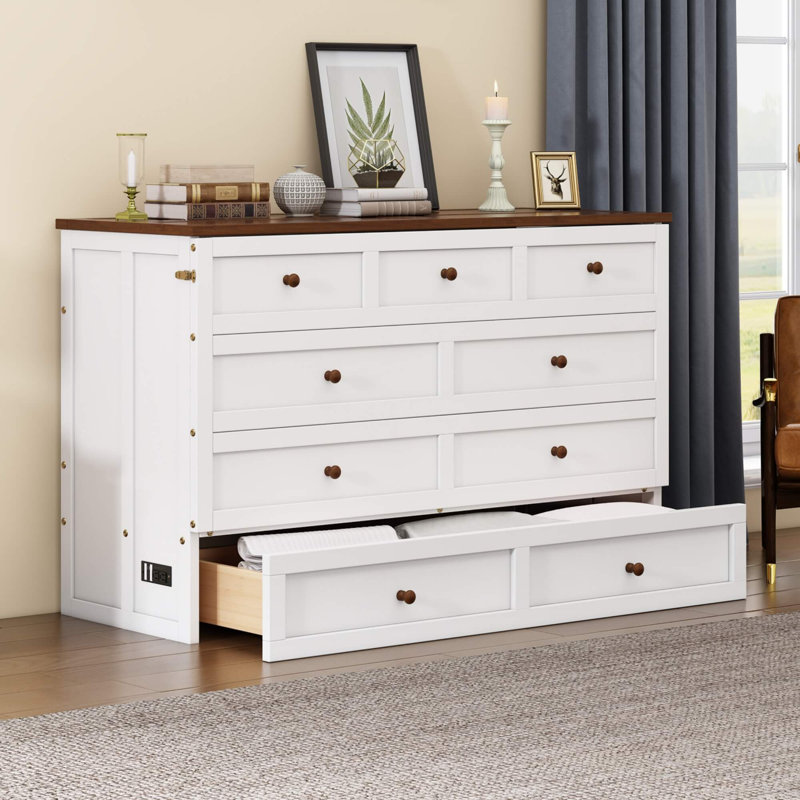 Commode lit escamotable en pin massif avec station de charge et grand tiroir de rangement pour bureau à domicile ou petite pièce