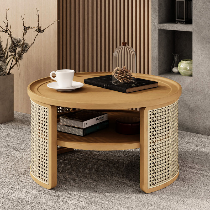 2-Tiered Round Coffee Table With Natural Wood And Weave - Rustic Elegance, Large Capacity Storage, Stable Structure, Curve Edge Design Storage Warm Colours, Appeal, Framework, Curved Protection