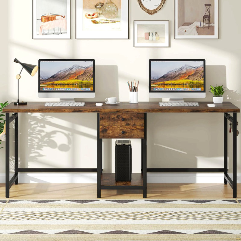 Bureau d'ordinateur 79 pouces pour deux personnes avec tiroirs et tablettes de rangement, table de travail double extra longue avec crochets, bureau d'écriture industriel pour bureau à domicile, brun rustique