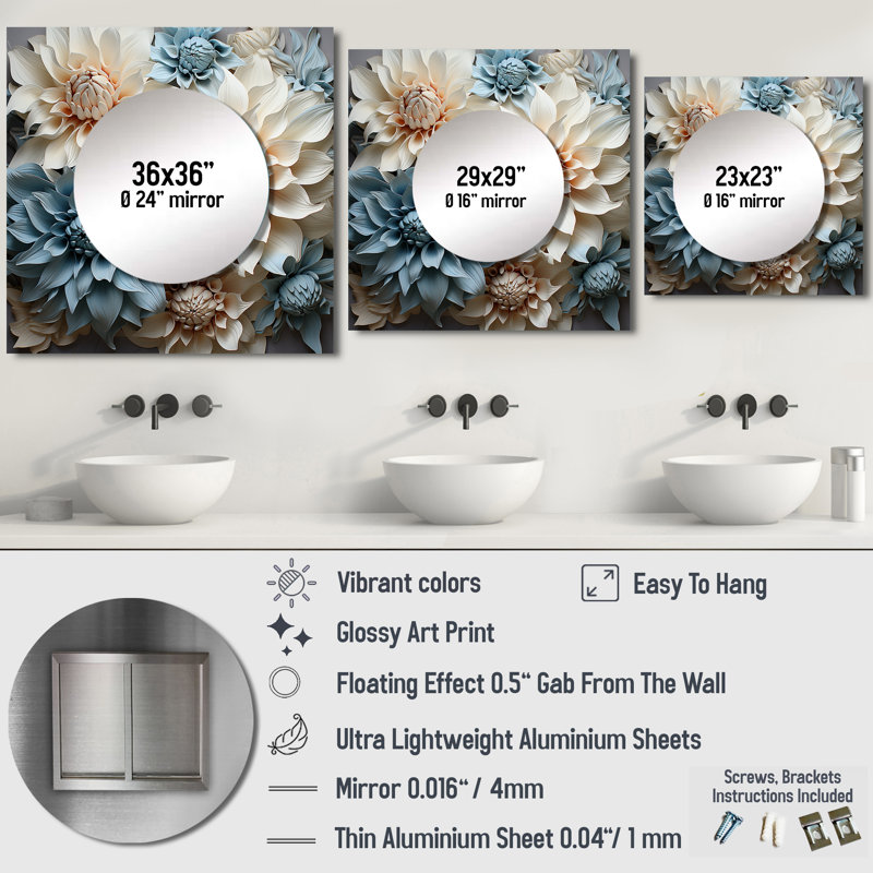 Yoseloff - art mural miroir floral et botanique carré blanc et bleu Dahlia Symphony IV pour salle de bain, 36 po x 36 po
