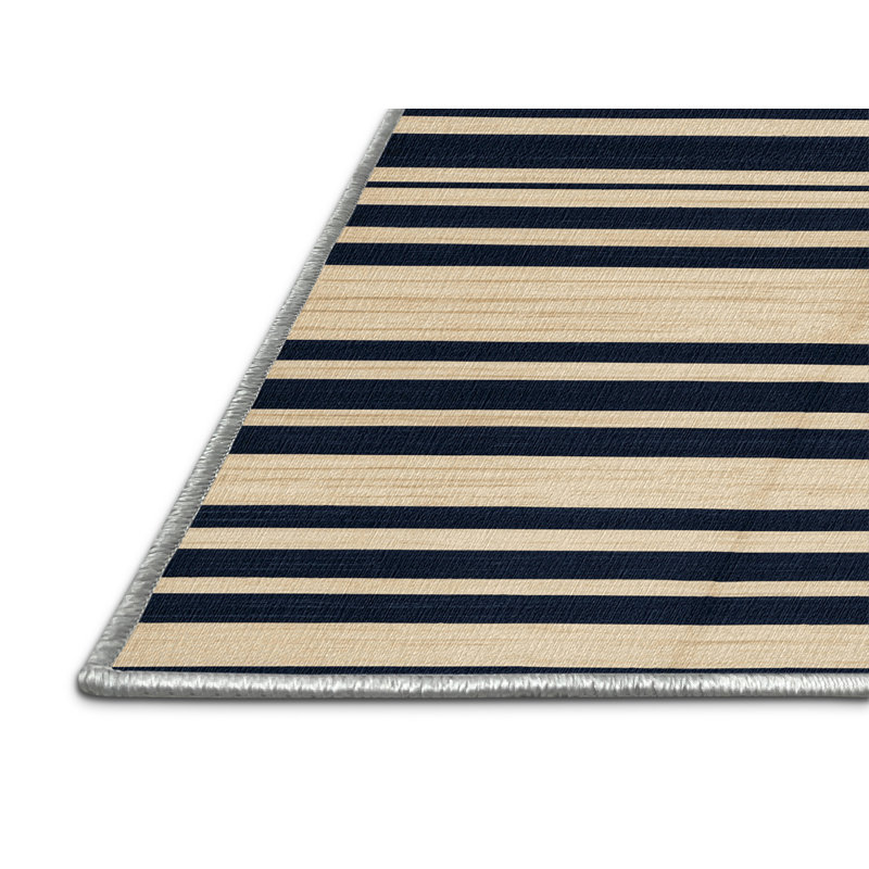 Washable Cream Navy Striped Area Rug, Square 6'