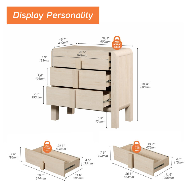 Modern Wood 3-Drawer Dresser with Curved Profile Design, Mid Century Dresser Organizer Storage for Bedroom,Living room, Entryway