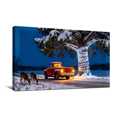 Christmas Snowy Night Red Truck Deer Tree Lights