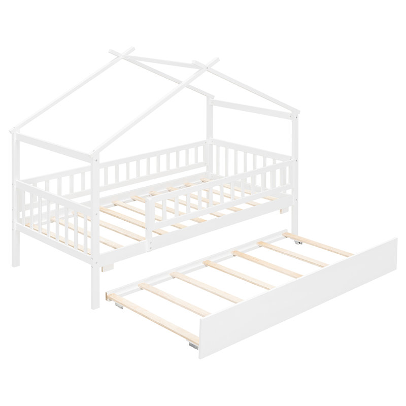 House Style Bed With Built In Trundle, Twin, White